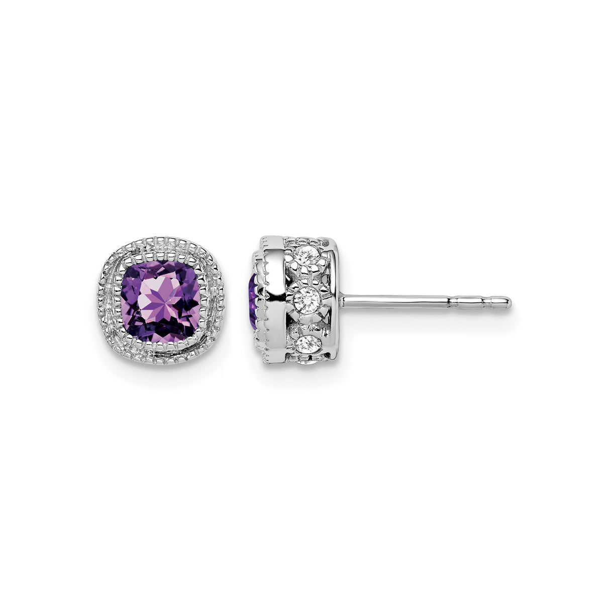 10k White Gold Amethyst Stud Earrings with Diamond Halo, February Birthstone Jewelry for Women