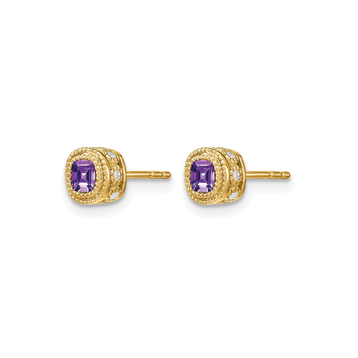 14k Yellow Gold Amethyst Stud Earrings with Diamond Accents, Vintage Milgrain Style