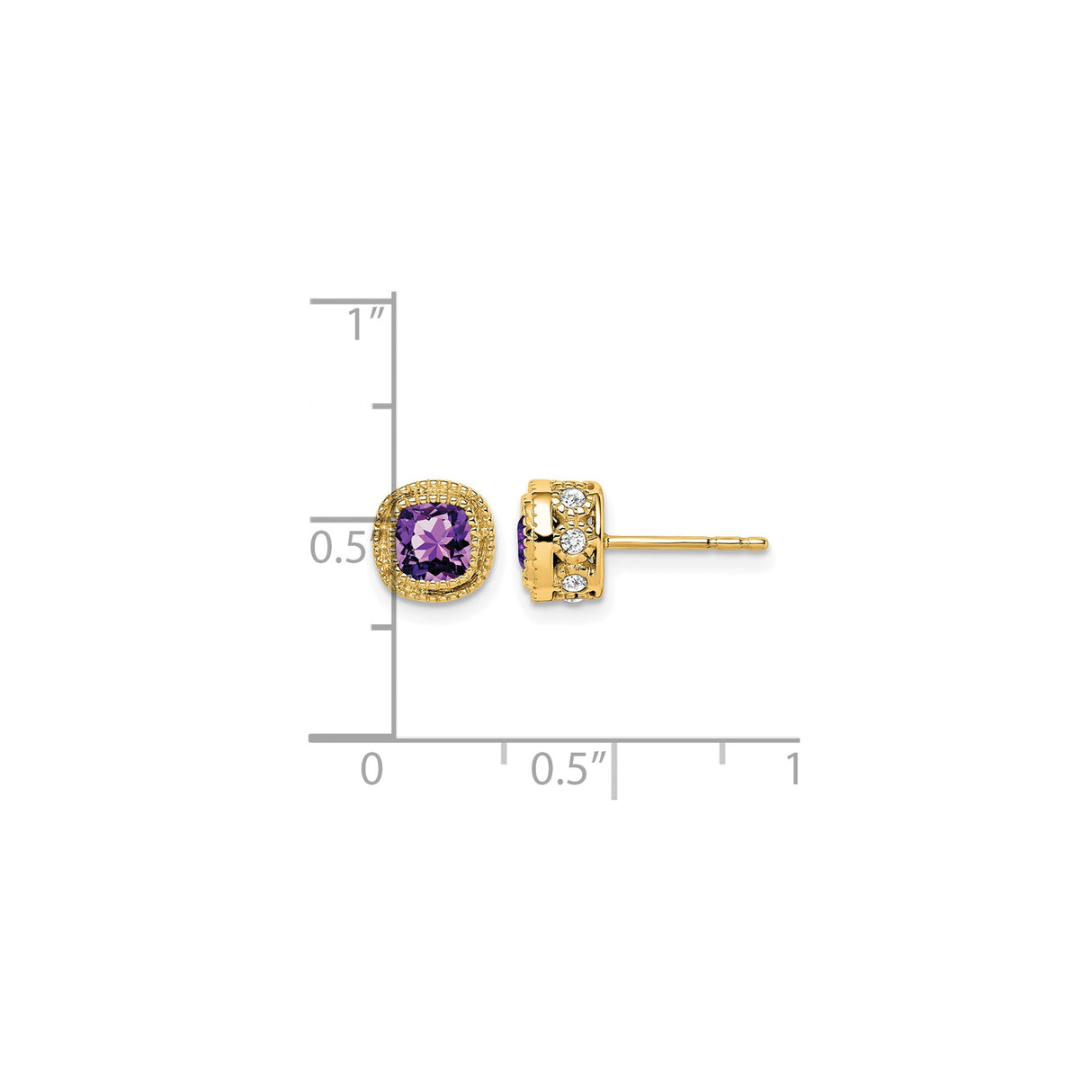 14k Yellow Gold Amethyst Stud Earrings with Diamond Accents, Vintage Milgrain Style