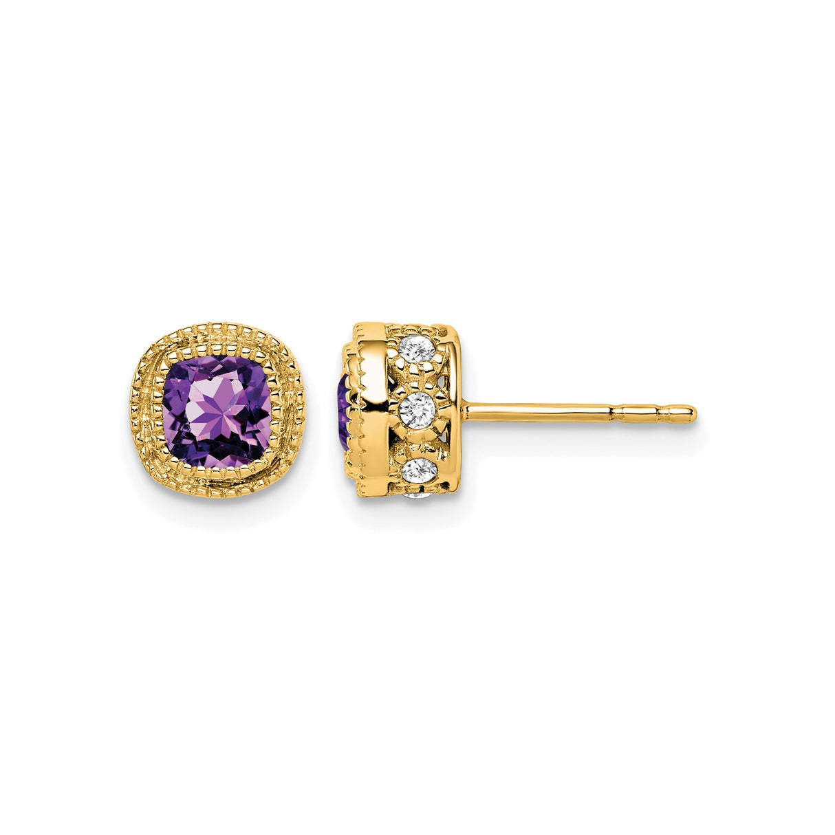 14k Yellow Gold Amethyst Stud Earrings with Diamond Accents, Vintage Milgrain Style