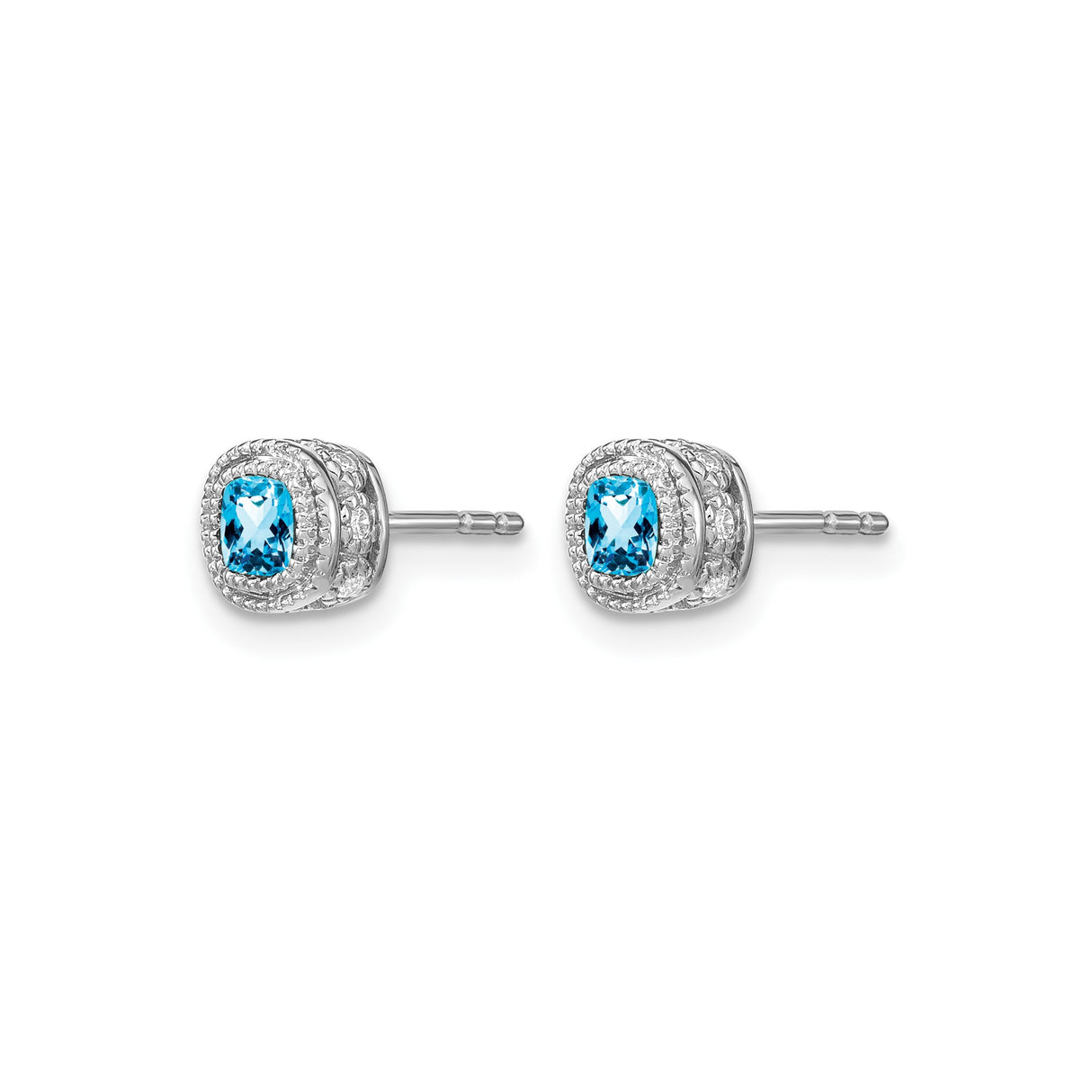 14k White Gold Stud Earrings with Swiss Blue Topaz and Diamond in Vintage Halo Design
