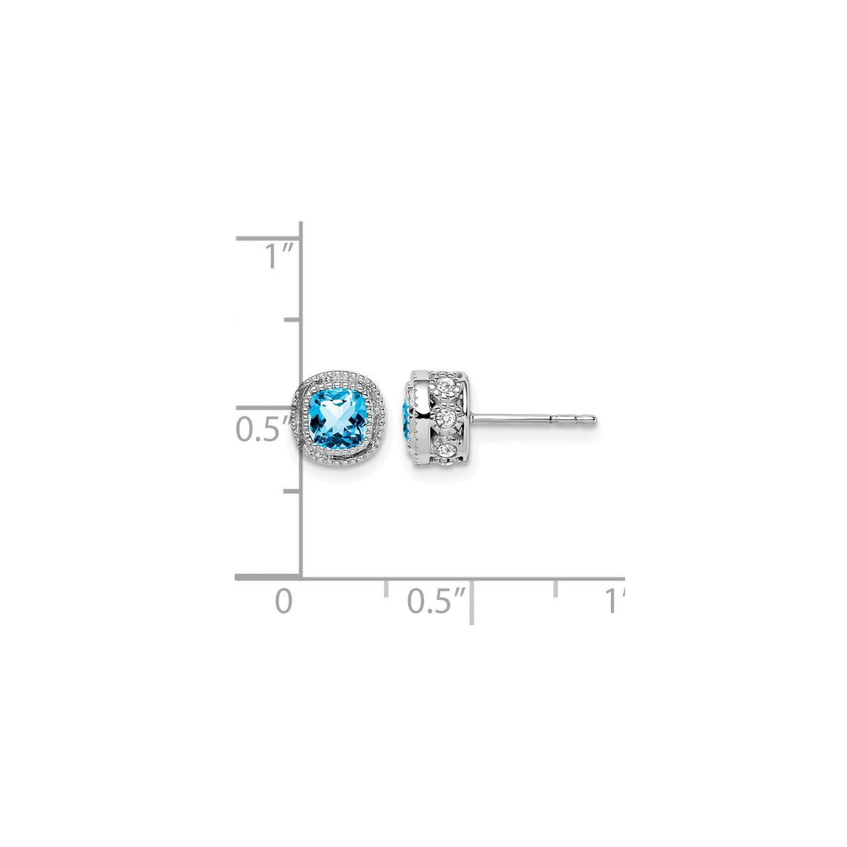 14k White Gold Stud Earrings with Swiss Blue Topaz and Diamond in Vintage Halo Design