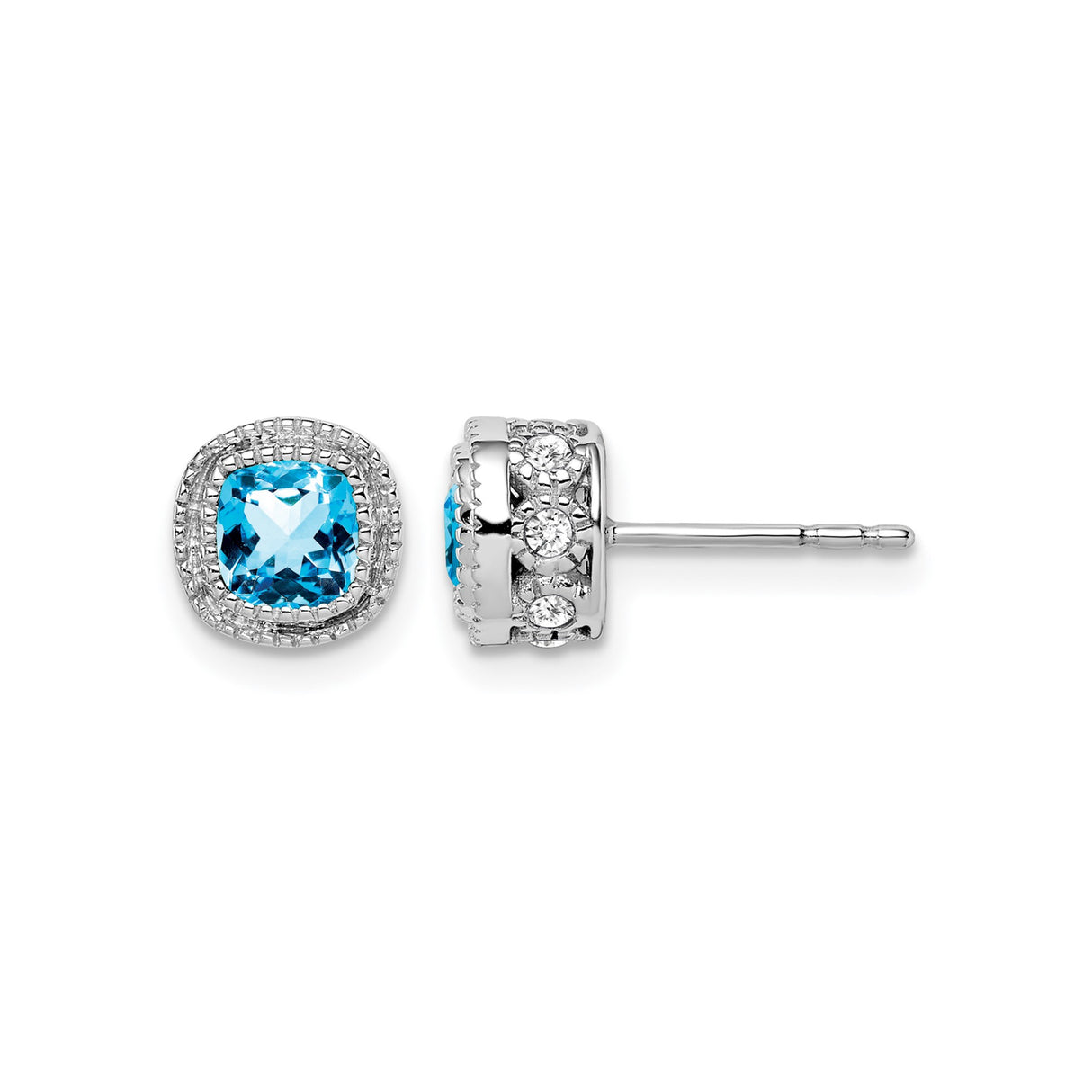 14k White Gold Stud Earrings with Swiss Blue Topaz and Diamond in Vintage Halo Design