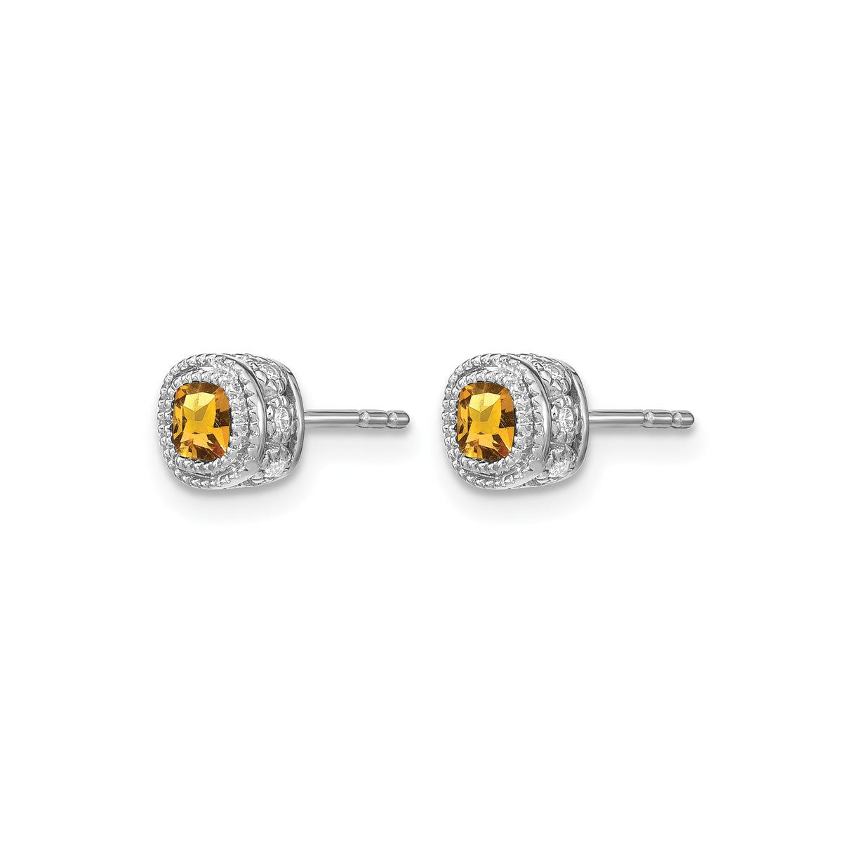 10k White Gold Stud Earrings with Cushion Cut Citrine and Diamond Halo for Women