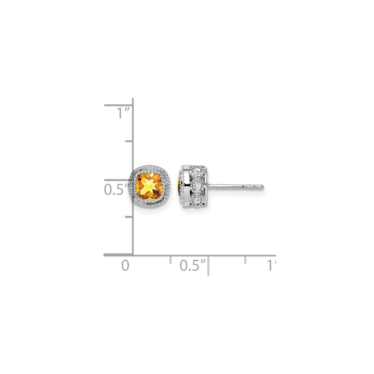 10k White Gold Stud Earrings with Cushion Cut Citrine and Diamond Halo for Women