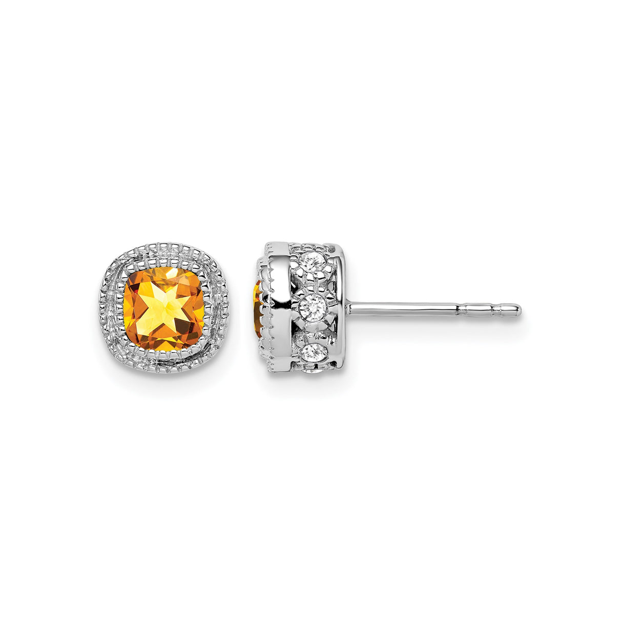 10k White Gold Stud Earrings with Cushion Cut Citrine and Diamond Halo for Women