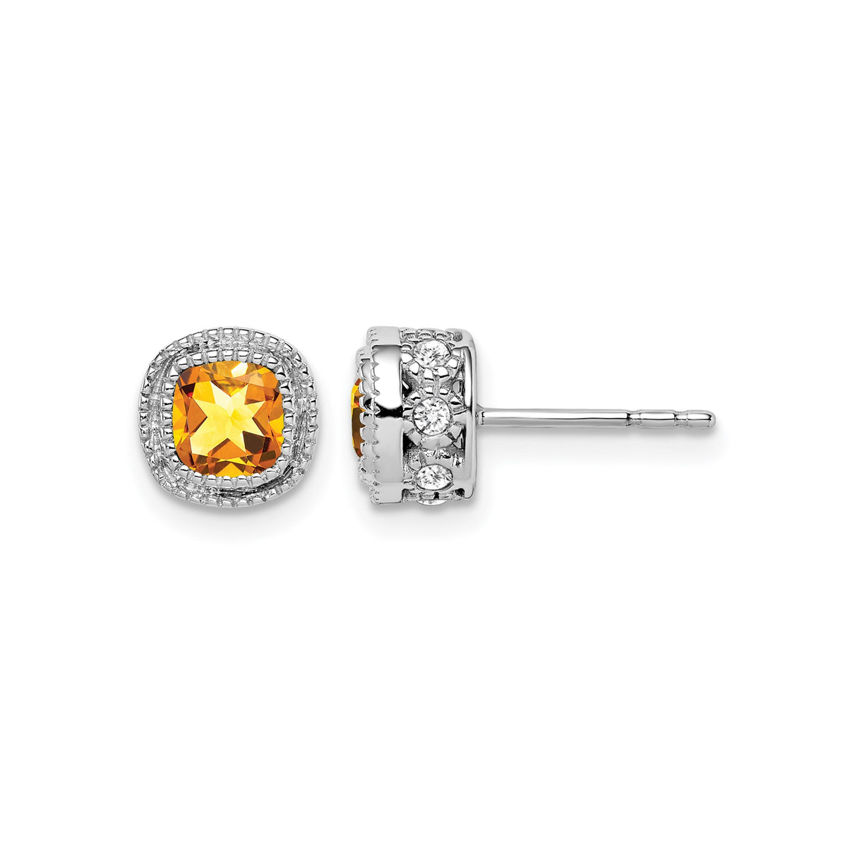 14k White Gold Cushion Cut Citrine and Diamond Halo Stud Earrings for Women