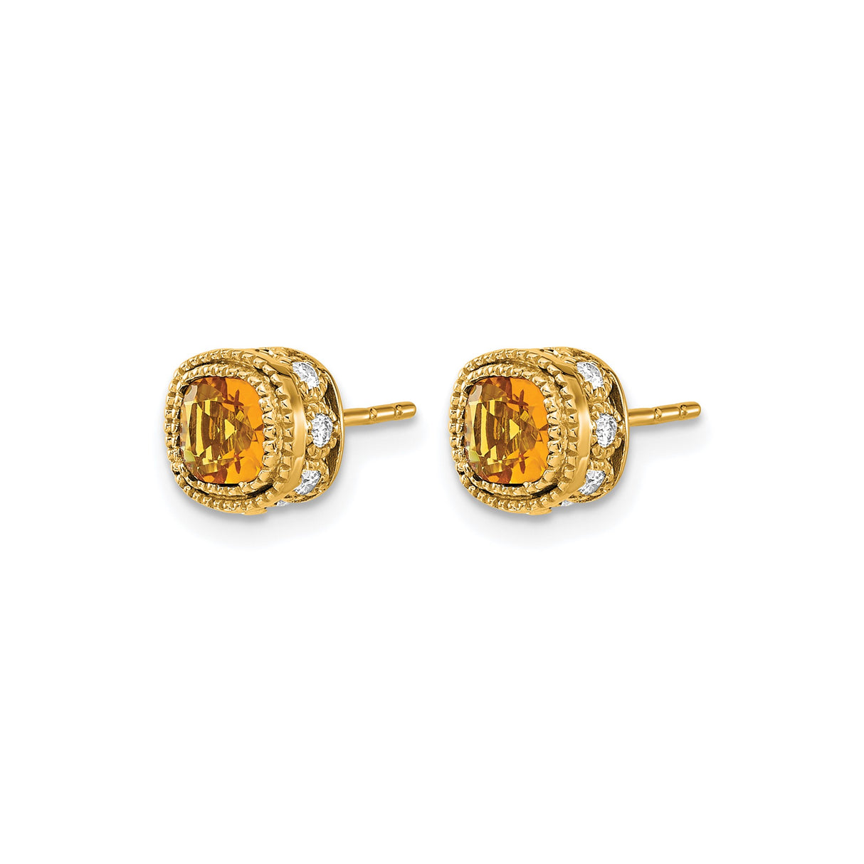 14k Yellow Gold Stud Earrings with Cushion Cut Citrine, Diamond Accents, Vintage Milgrain Detailing
