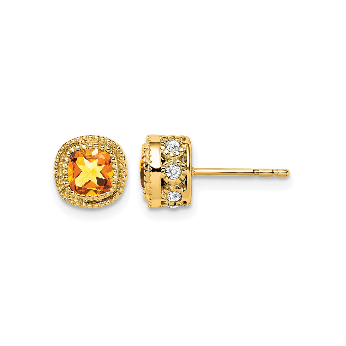 14k Yellow Gold Stud Earrings with Cushion Cut Citrine, Diamond Accents, Vintage Milgrain Detailing