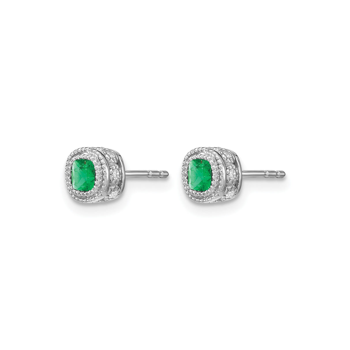 10k White Gold Stud Earrings with Cushion Cut Emerald and Diamond Double Halo