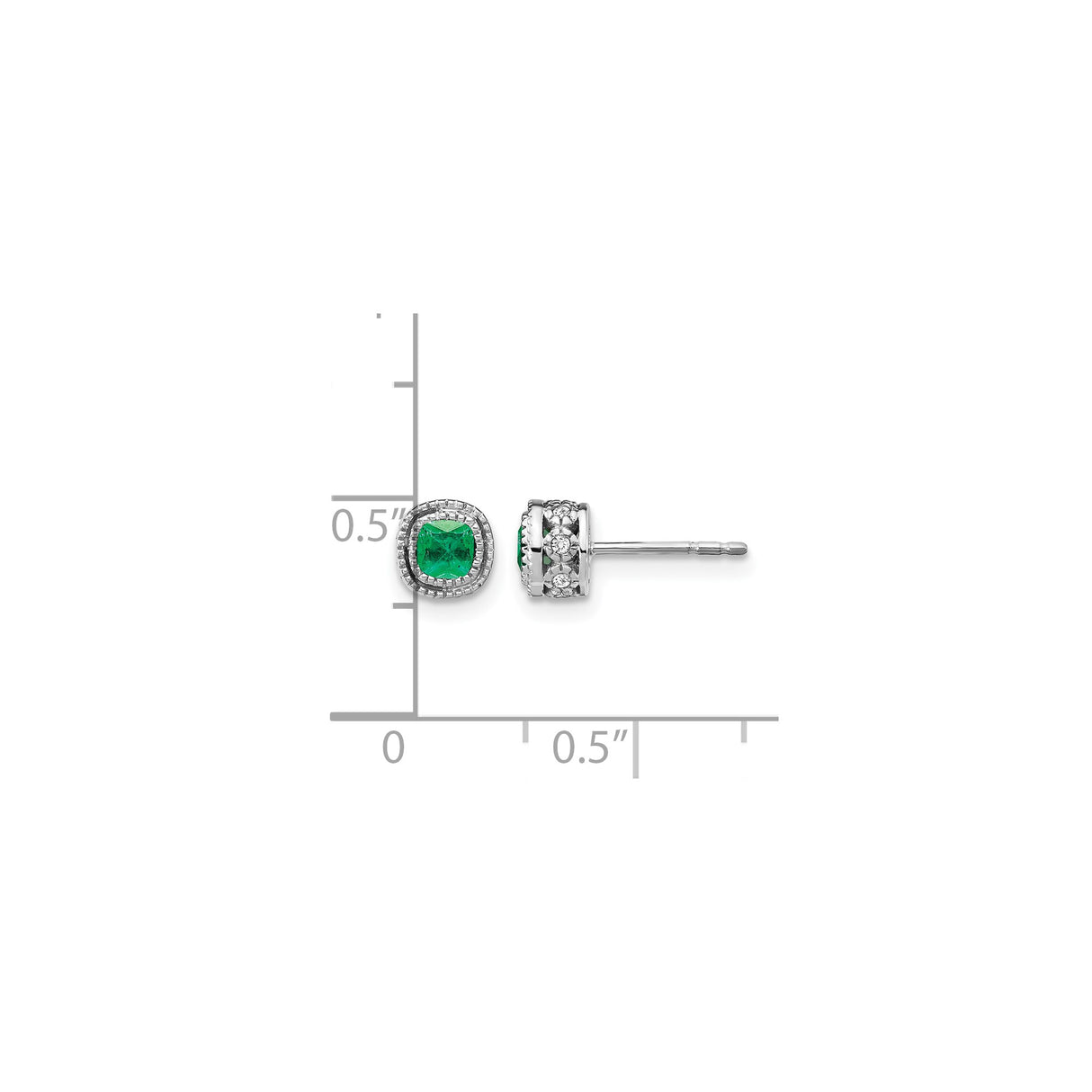 10k White Gold Stud Earrings with Cushion Cut Emerald and Diamond Double Halo
