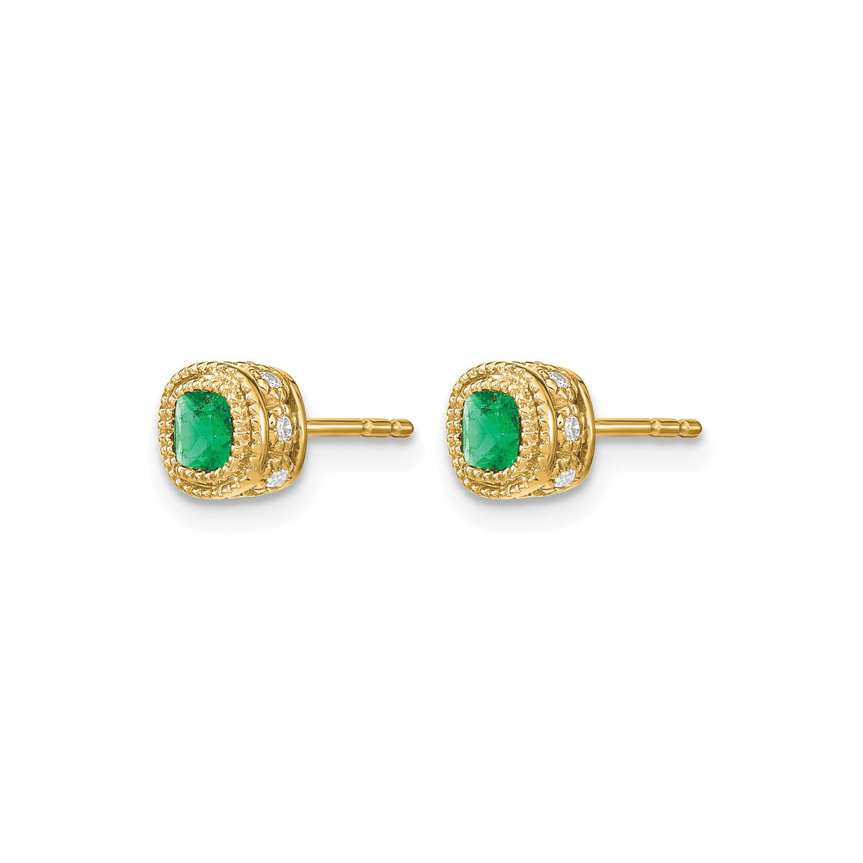 10k Yellow Gold Stud Earrings with Cushion Cut Emerald and Diamond Accents, Milgrain Detailing