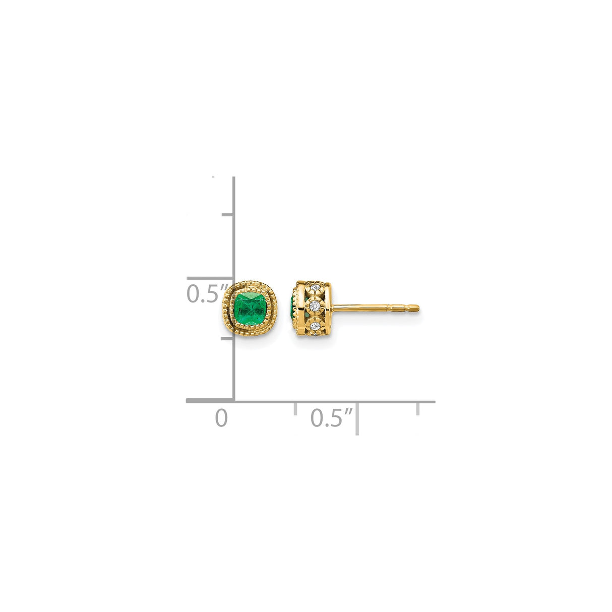 10k Yellow Gold Stud Earrings with Cushion Cut Emerald and Diamond Accents, Milgrain Detailing