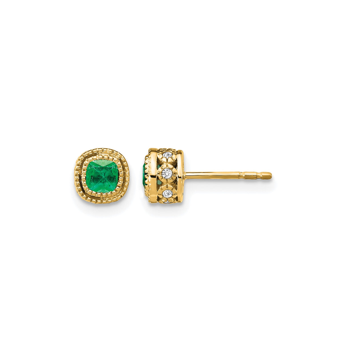 10k Yellow Gold Stud Earrings with Cushion Cut Emerald and Diamond Accents, Milgrain Detailing