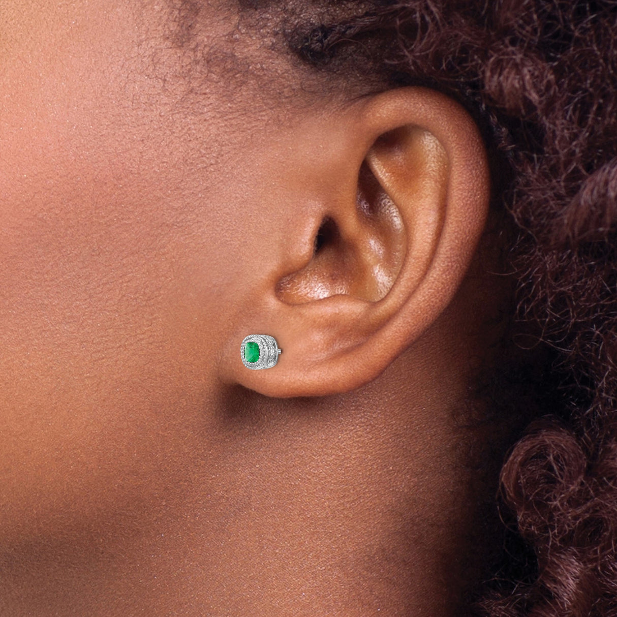 14k White Gold Stud Earrings with Emerald, Diamond Halo, Vintage Floral Design
