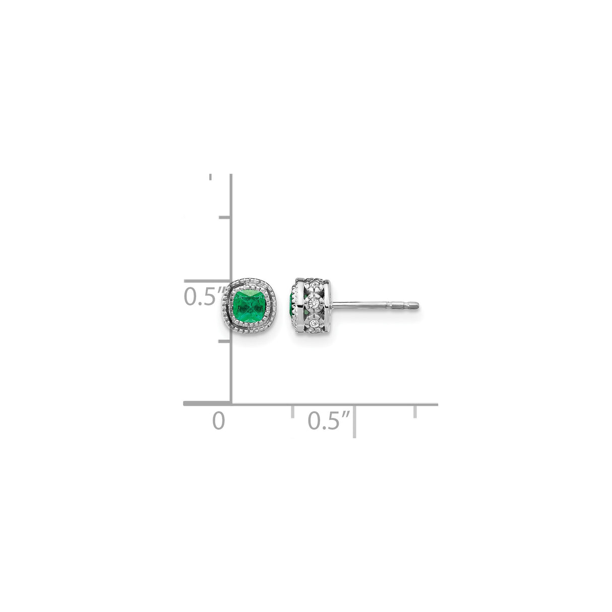 14k White Gold Stud Earrings with Emerald, Diamond Halo, Vintage Floral Design