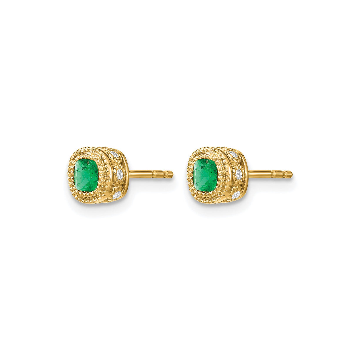 14k Yellow Gold Emerald Stud Earrings with Textured Bezel and Side Diamond Accents
