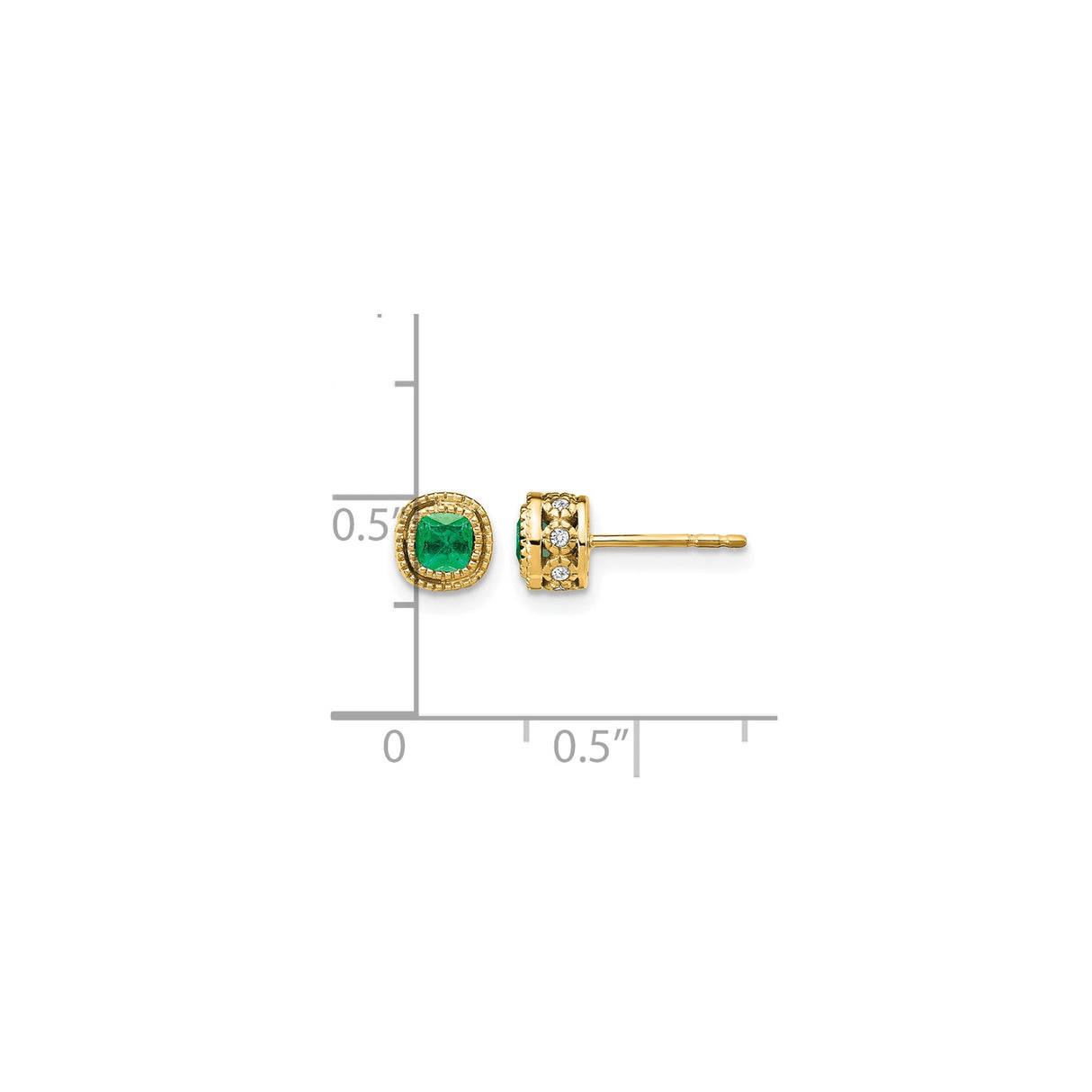 14k Yellow Gold Emerald Stud Earrings with Textured Bezel and Side Diamond Accents