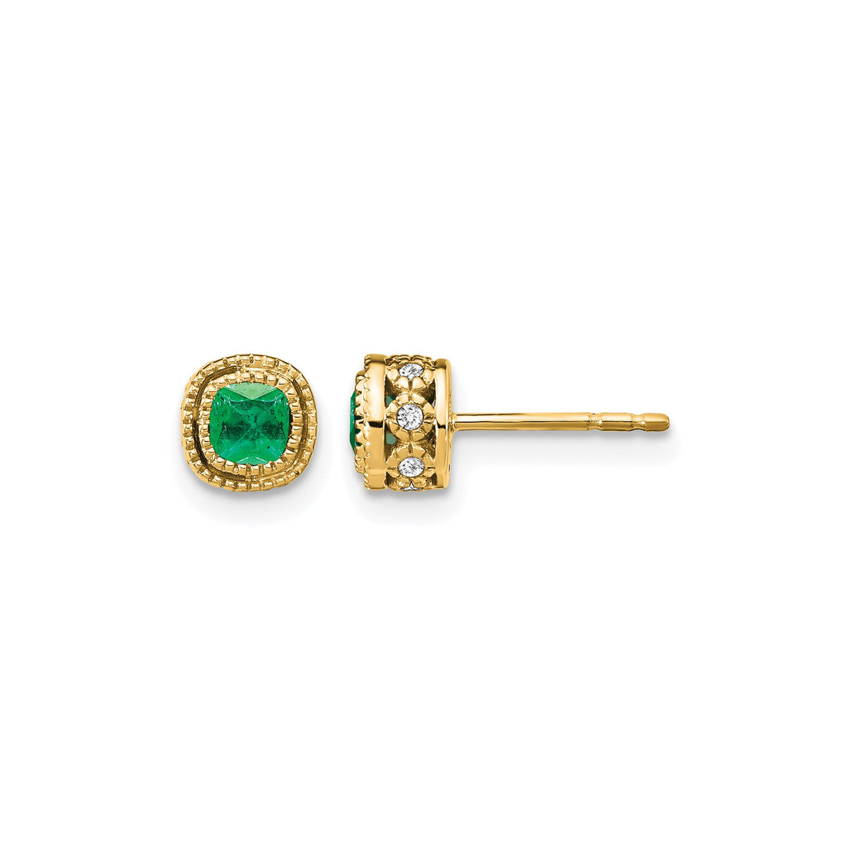 14k Yellow Gold Emerald Stud Earrings with Textured Bezel and Side Diamond Accents