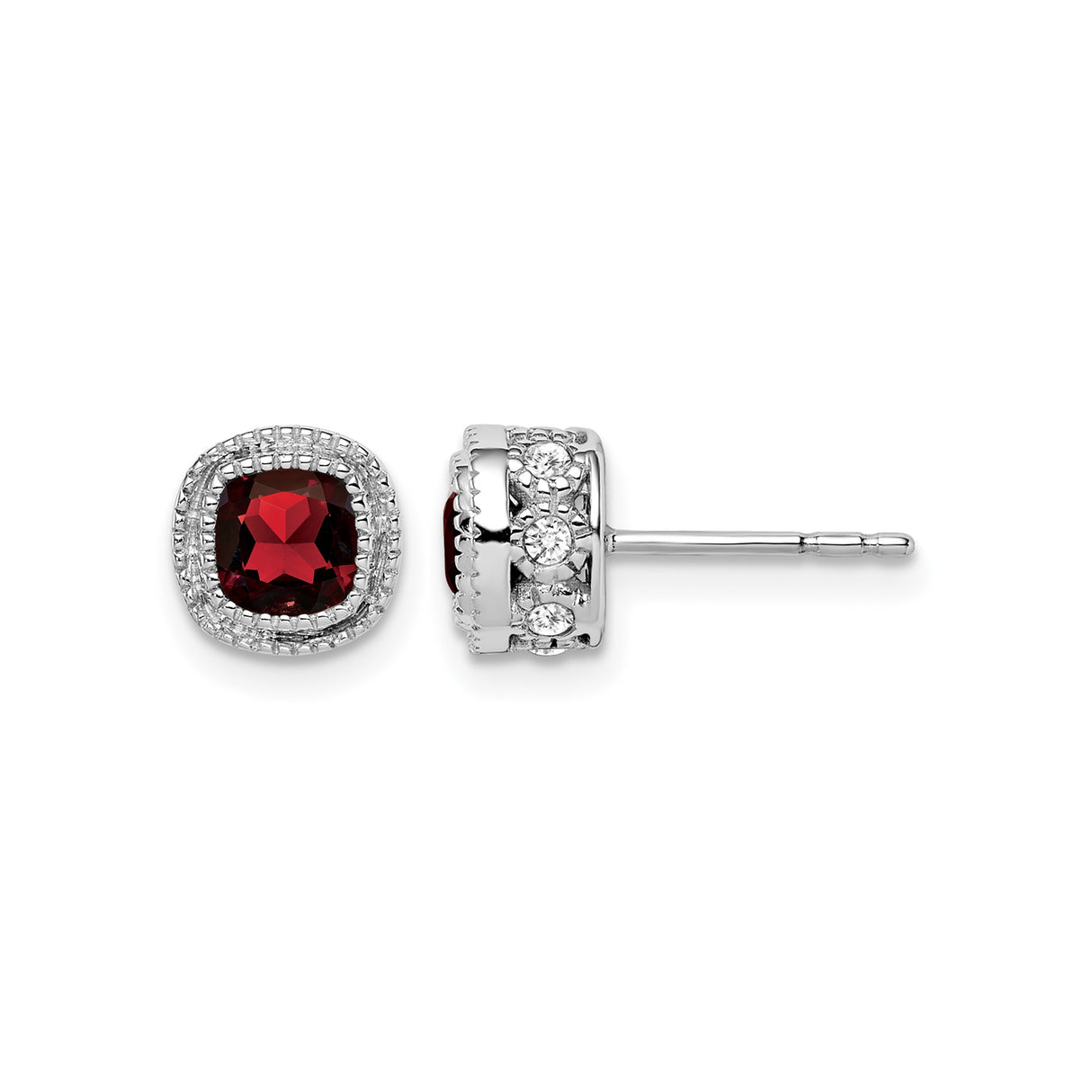 14k White Gold Garnet and Diamond Halo Stud Earrings, Vintage Inspired January Birthstone Jewelry