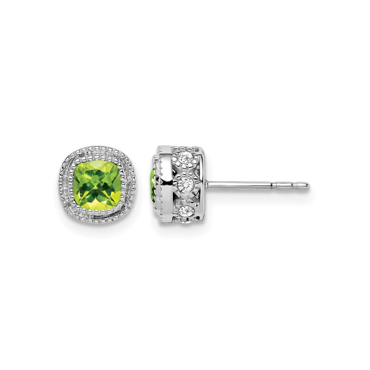 14k White Gold Peridot Stud Earrings with Halo Design and Diamond Accents