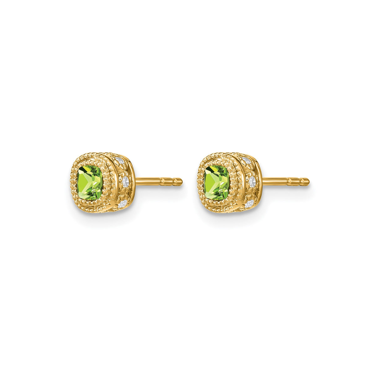 14k Yellow Gold Stud Earrings with Cushion Cut Peridot and Diamond Accents, Milgrain Detailing