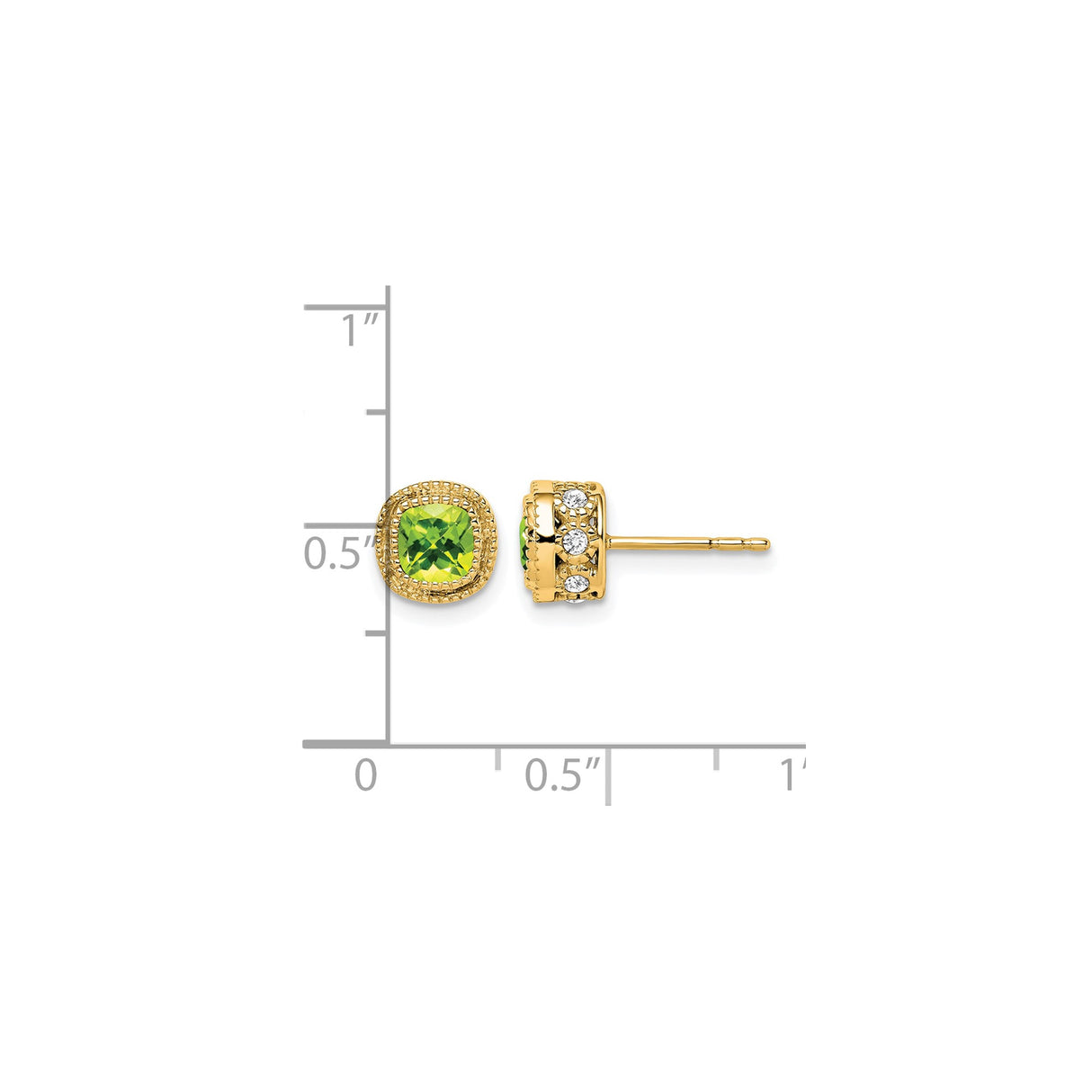 14k Yellow Gold Stud Earrings with Cushion Cut Peridot and Diamond Accents, Milgrain Detailing