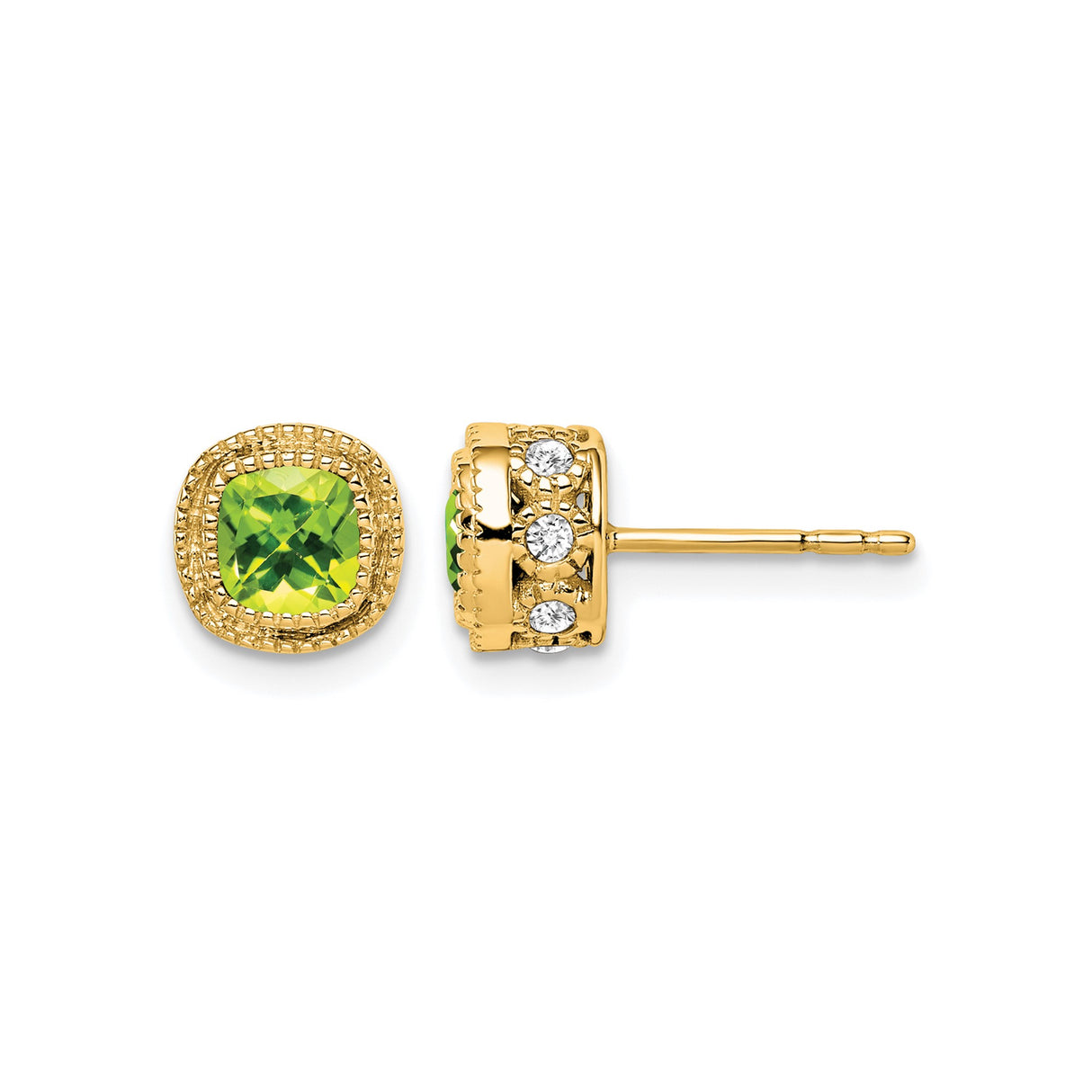 14k Yellow Gold Stud Earrings with Cushion Cut Peridot and Diamond Accents, Milgrain Detailing