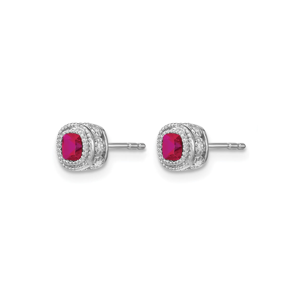 10k White Gold Stud Earrings with Cushion Cut Ruby and Diamond Double Halo Design