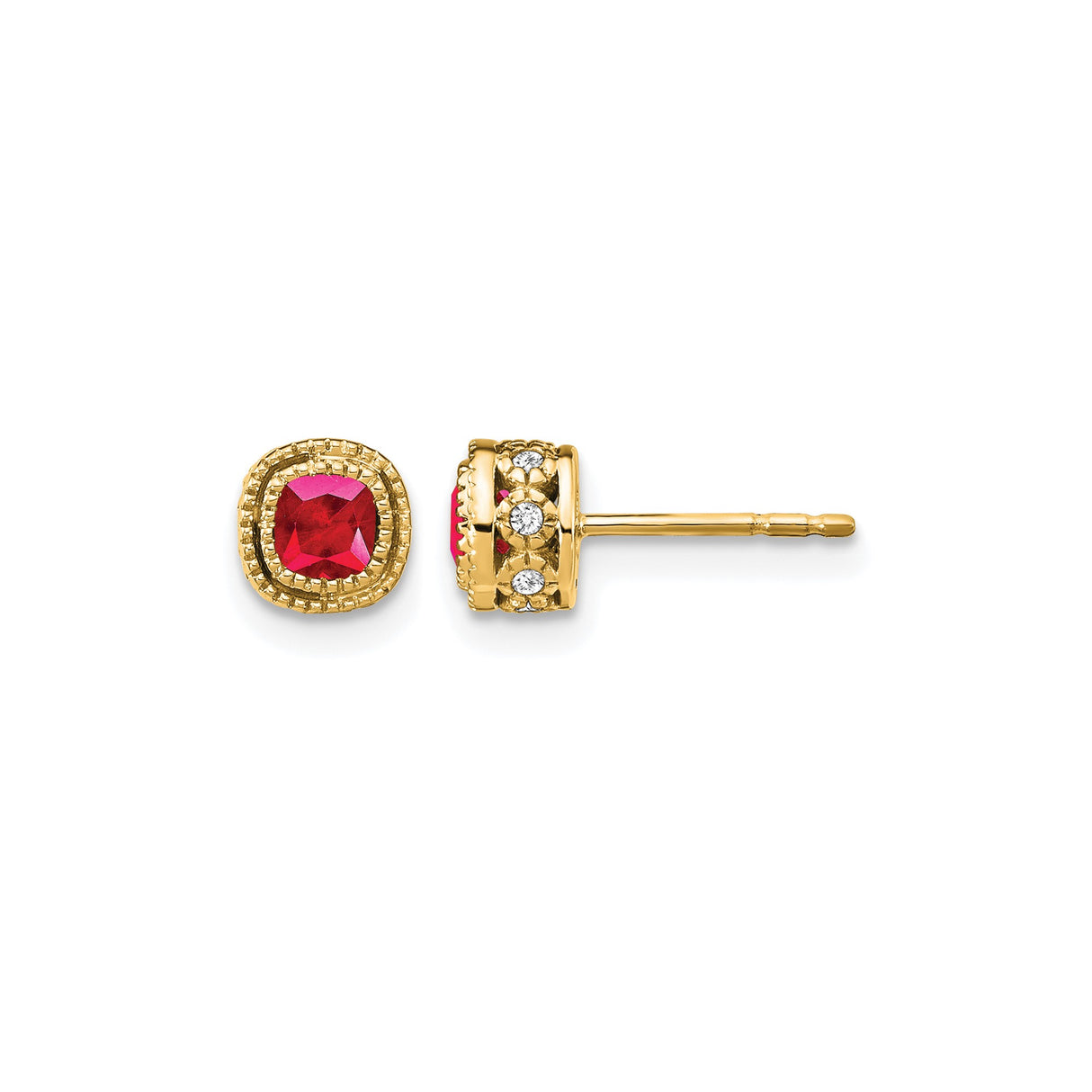 10k Yellow Gold Stud Earrings with Ruby and Diamond Accent Halo Design