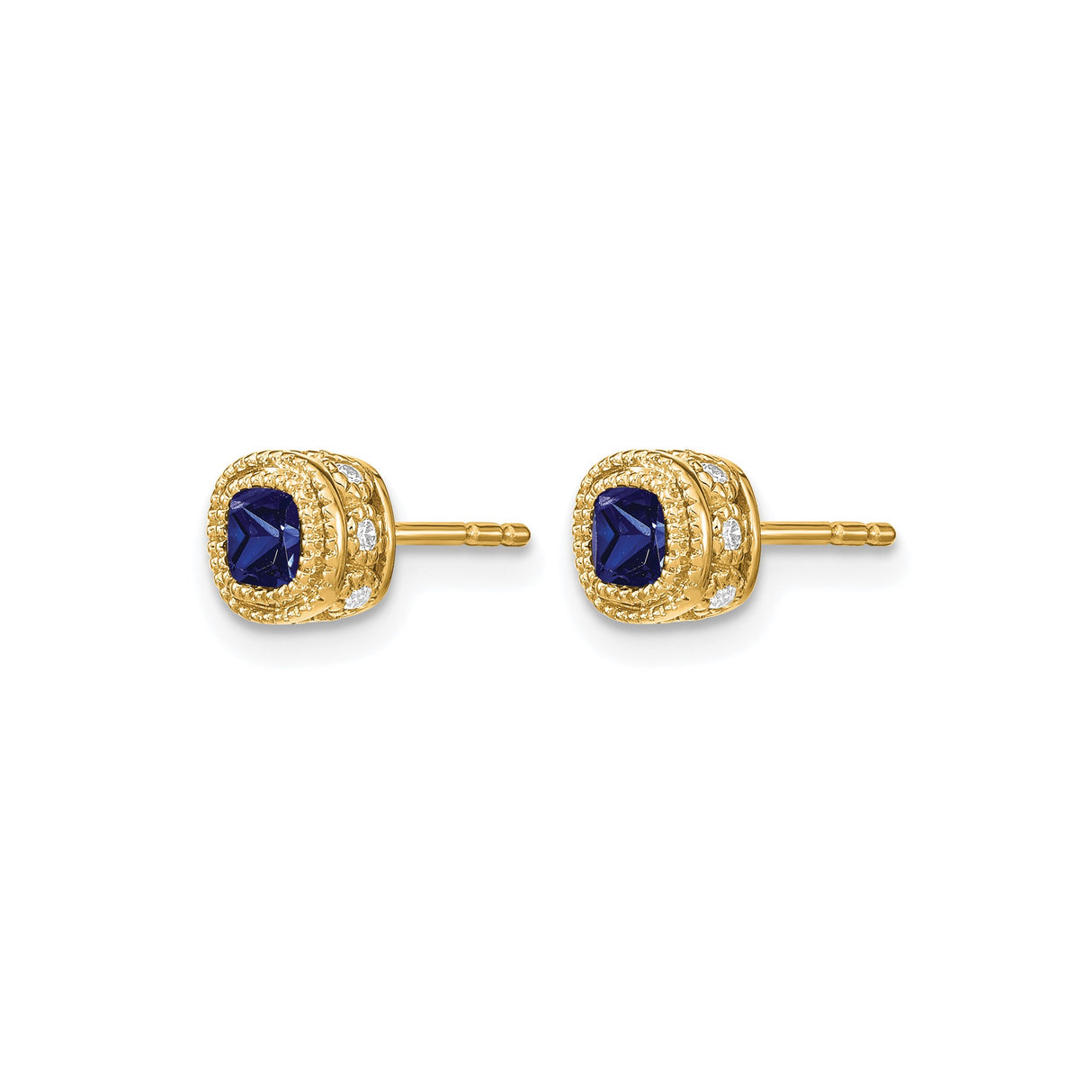 14k Yellow Gold Stud Earrings with Cushion Cut Sapphire, Diamond Accents, Vintage Milgrain Design