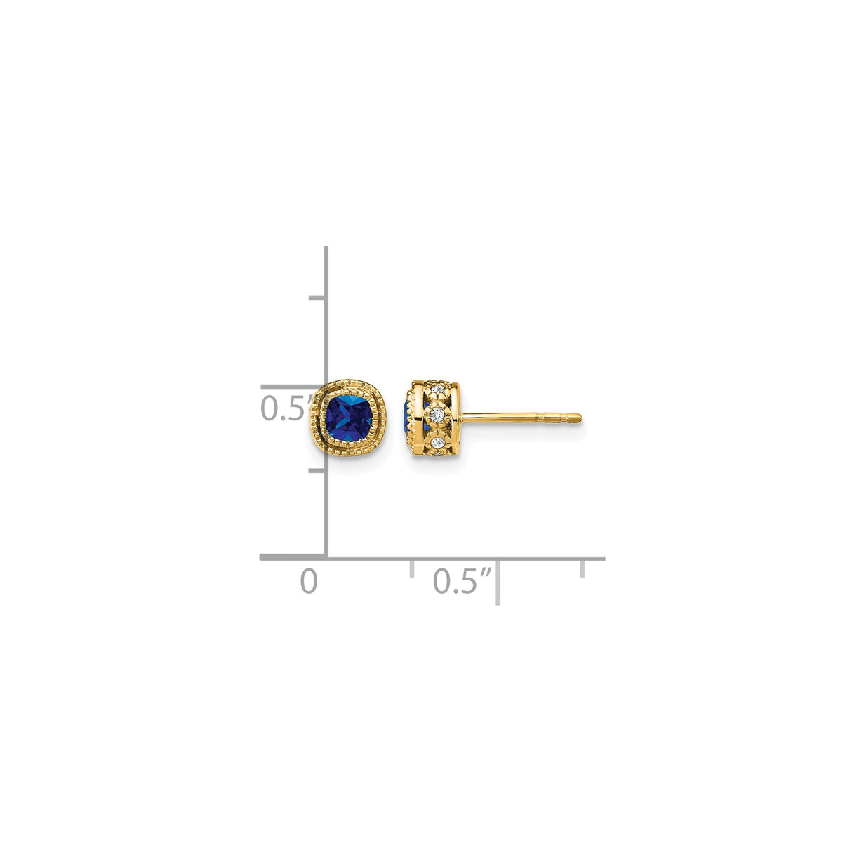 14k Yellow Gold Stud Earrings with Cushion Cut Sapphire, Diamond Accents, Vintage Milgrain Design