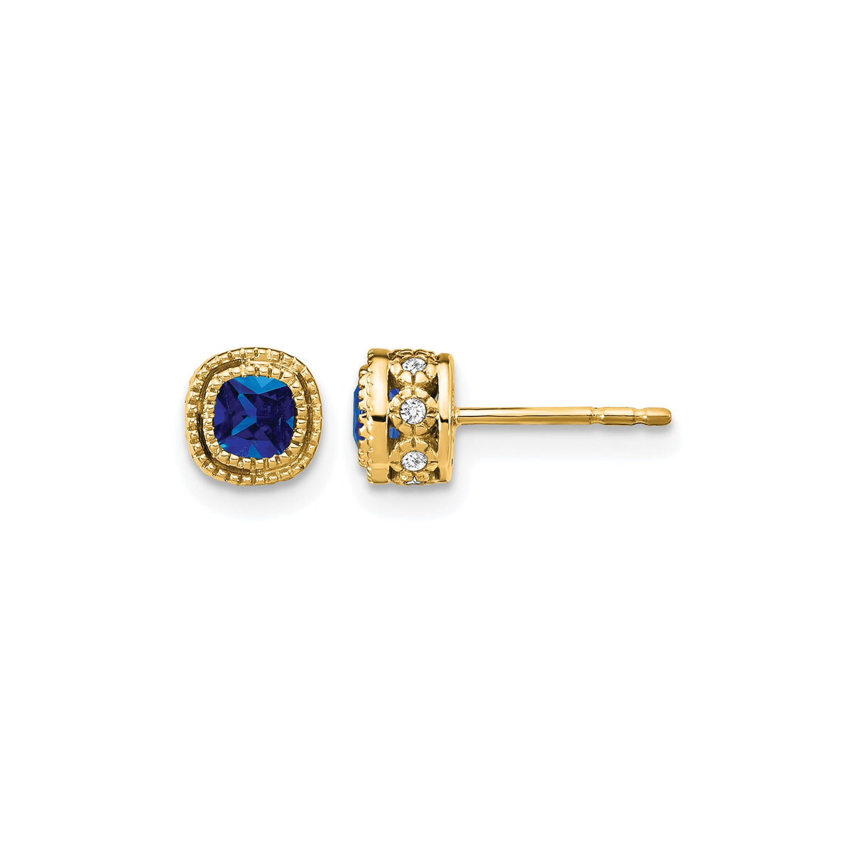 14k Yellow Gold Stud Earrings with Cushion Cut Sapphire, Diamond Accents, Vintage Milgrain Design