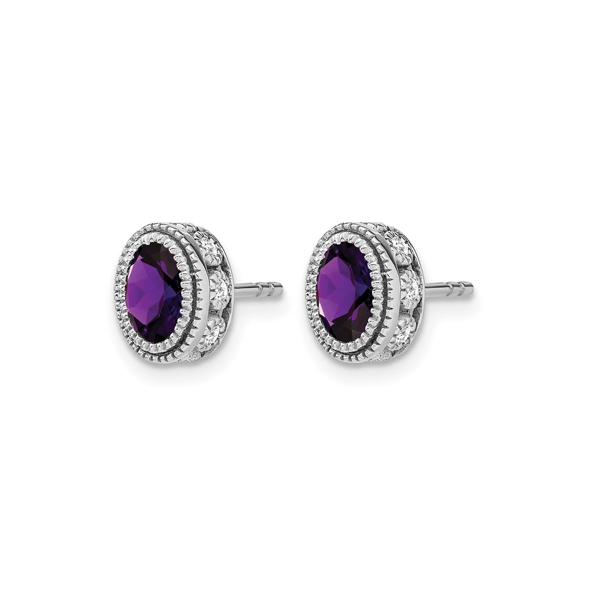 14k White Gold Amethyst Stud Earrings with Diamond Accents, Vintage Halo Design