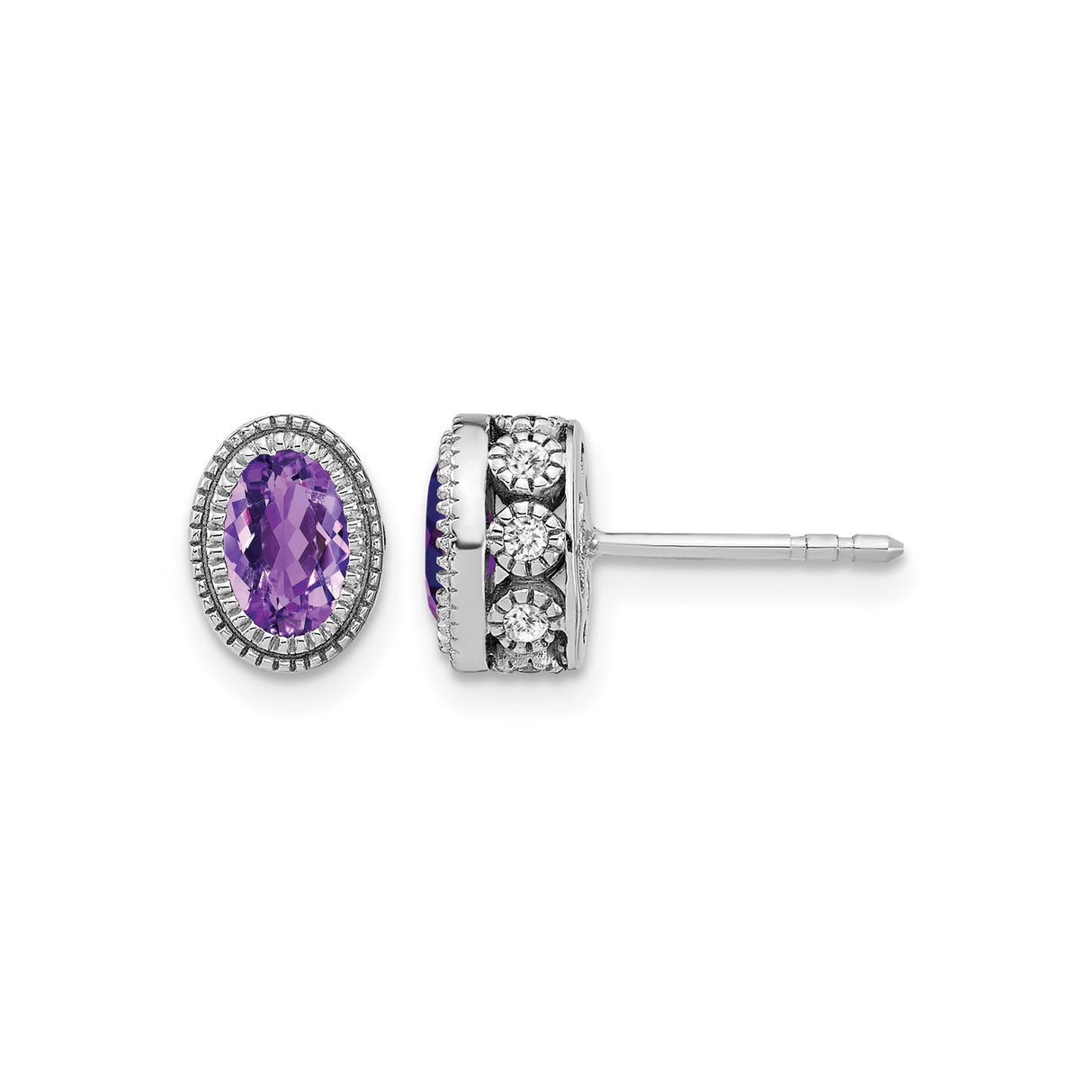 14k White Gold Amethyst Stud Earrings with Diamond Accents, Vintage Halo Design