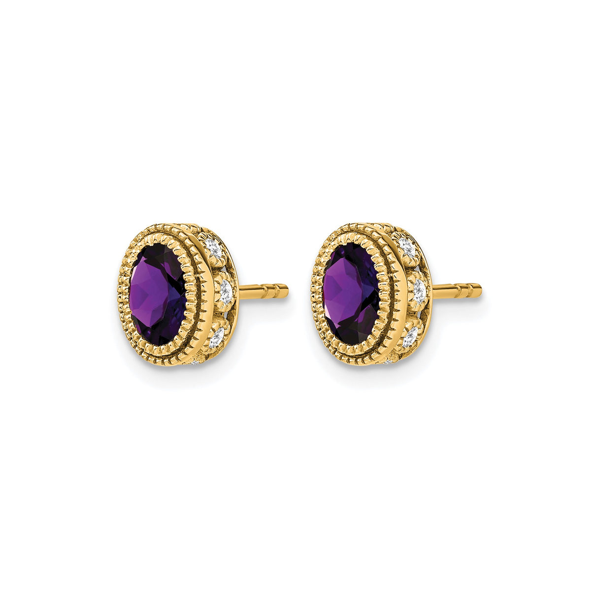 14k Yellow Gold Amethyst Stud Earrings with Diamond Accents, Milgrain Bezel Vintage Style