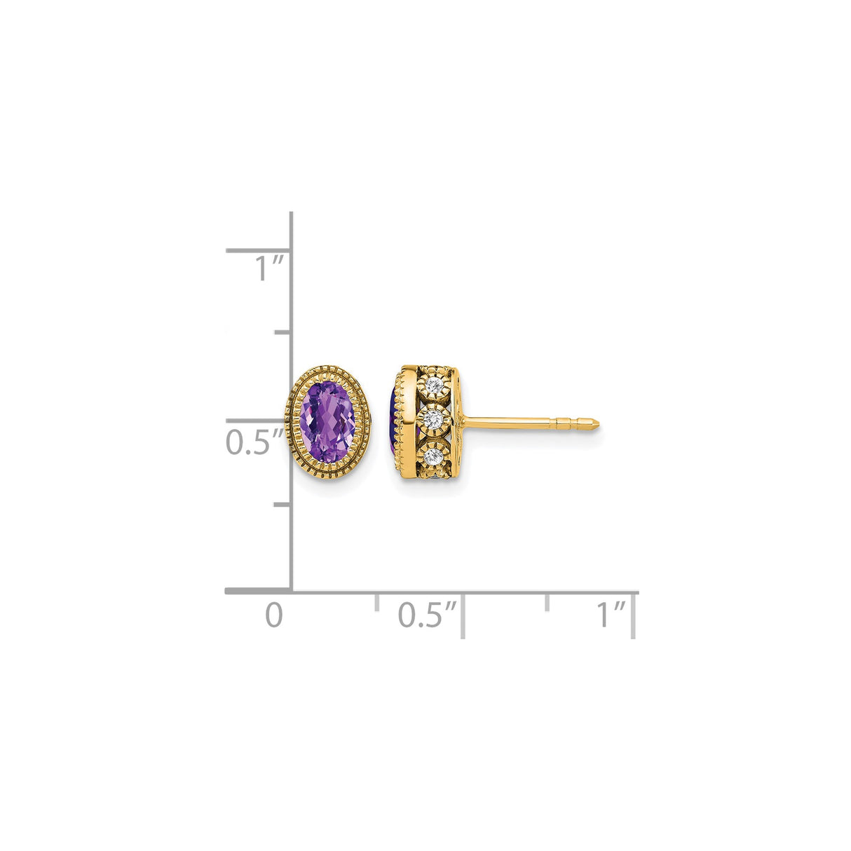 14k Yellow Gold Amethyst Stud Earrings with Diamond Accents, Milgrain Bezel Vintage Style