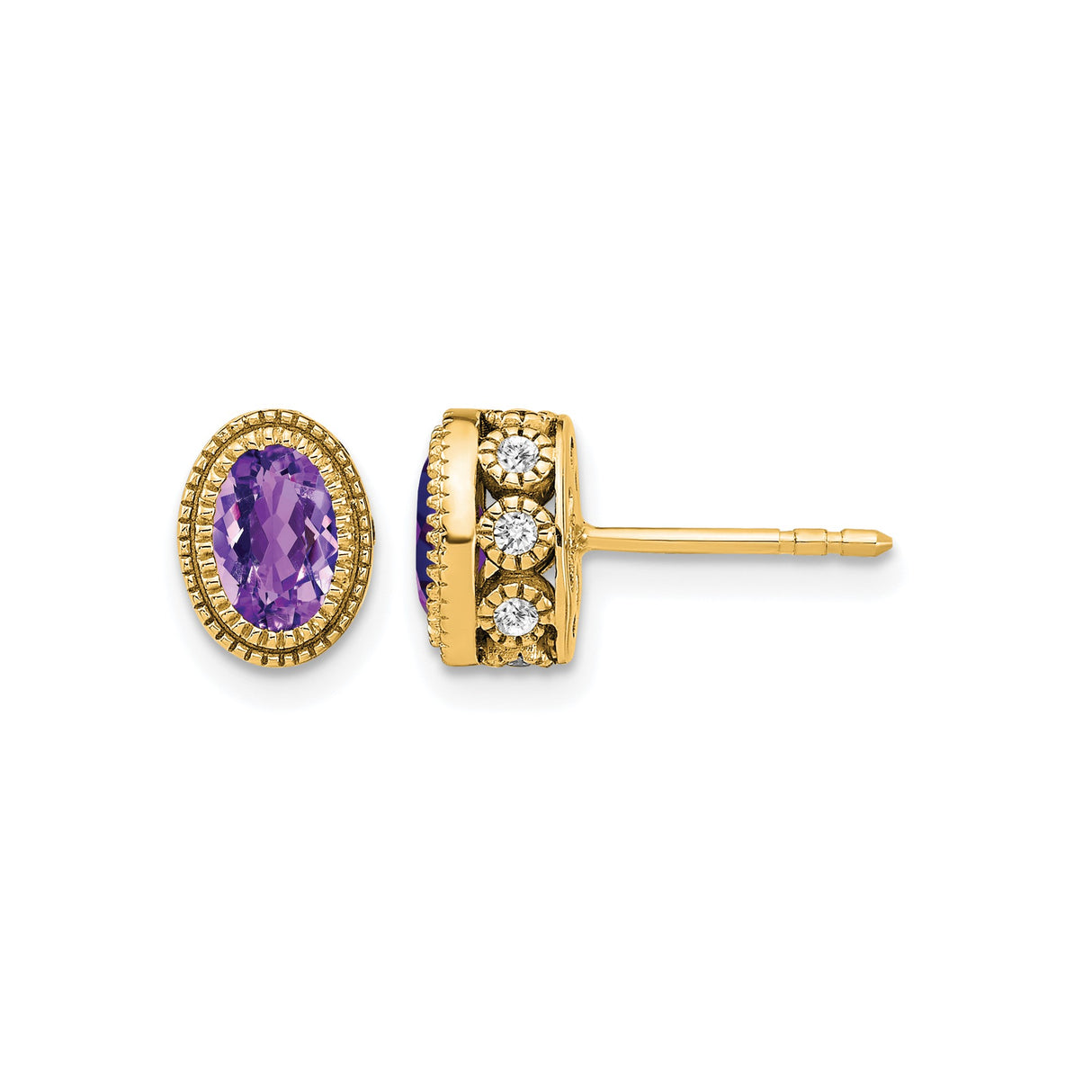 14k Yellow Gold Amethyst Stud Earrings with Diamond Accents, Milgrain Bezel Vintage Style