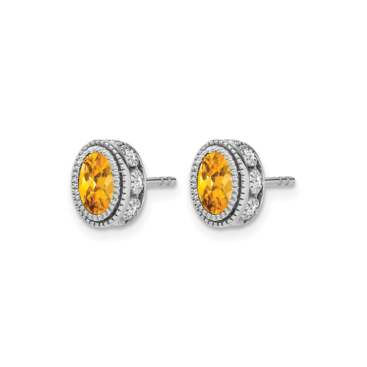 14k White Gold Citrine Stud Earrings with Diamond Accents, Vintage Halo Design