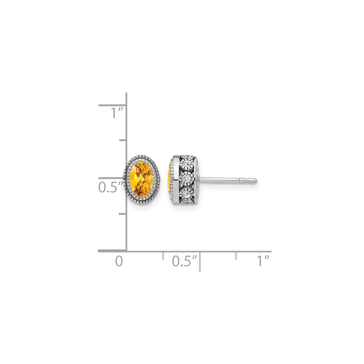14k White Gold Citrine Stud Earrings with Diamond Accents, Vintage Halo Design