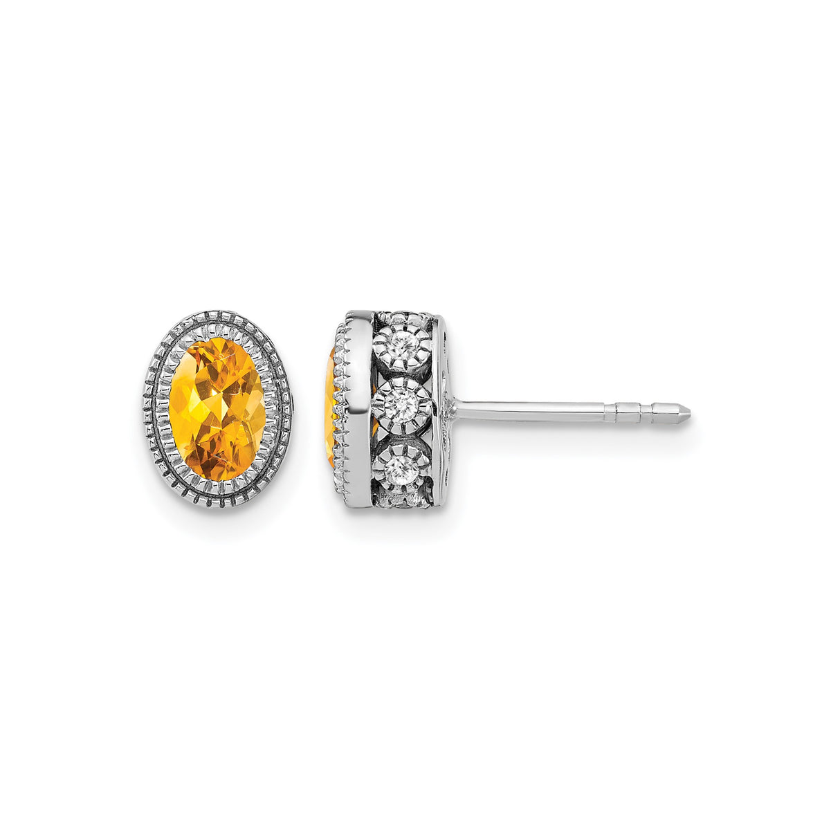 14k White Gold Citrine Stud Earrings with Diamond Accents, Vintage Halo Design