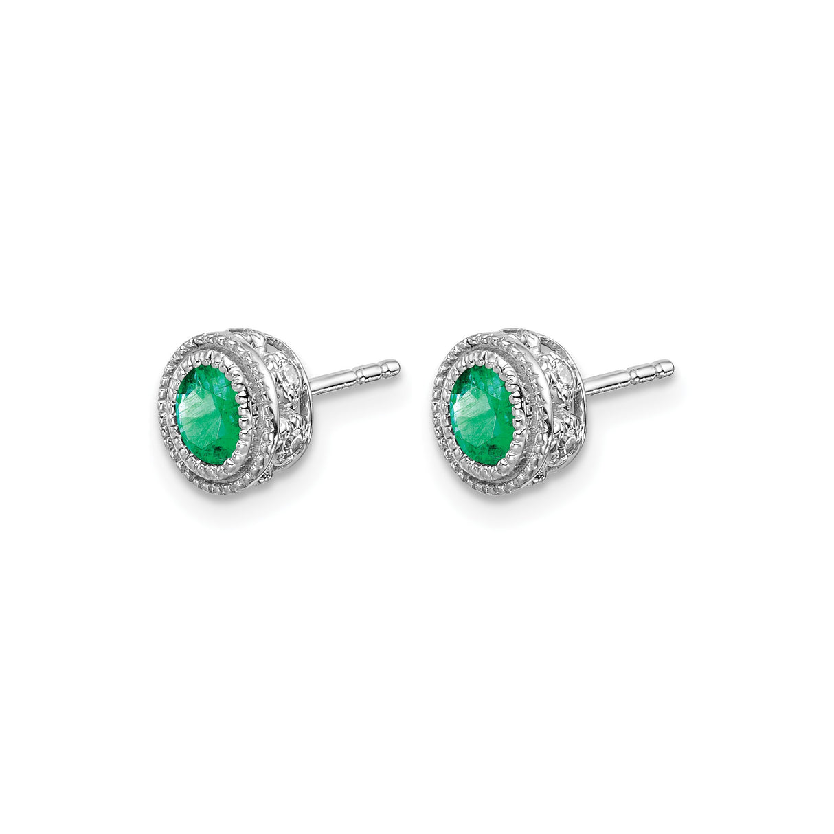 14k White Gold Oval Stud Earrings with Emerald Center and Diamond Halo Accents
