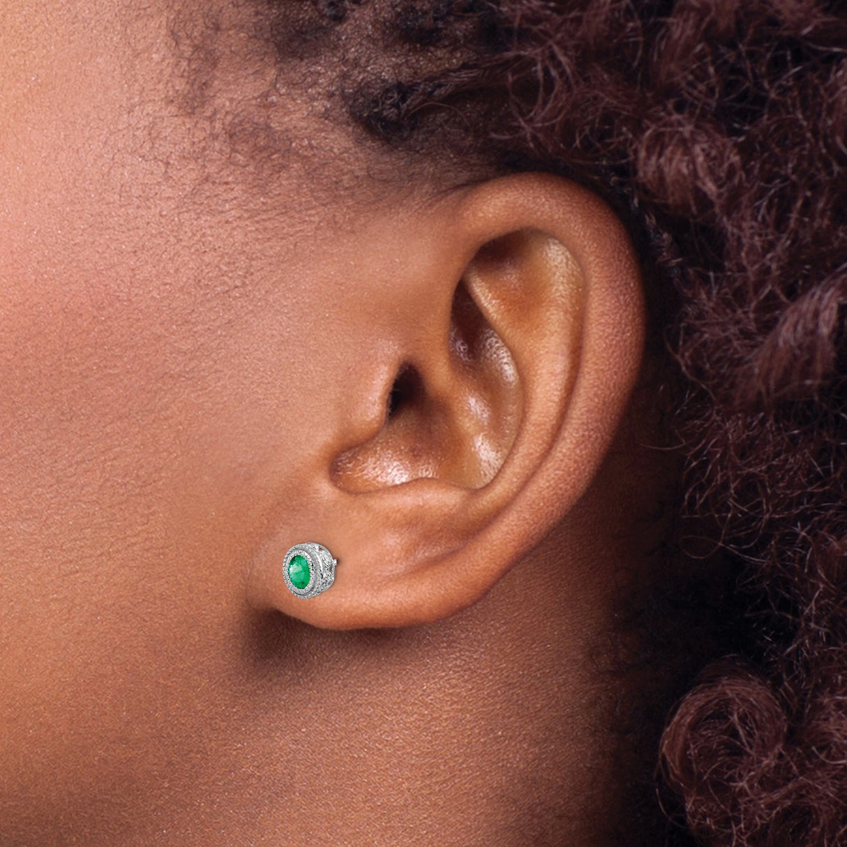 14k White Gold Oval Stud Earrings with Emerald Center and Diamond Halo Accents