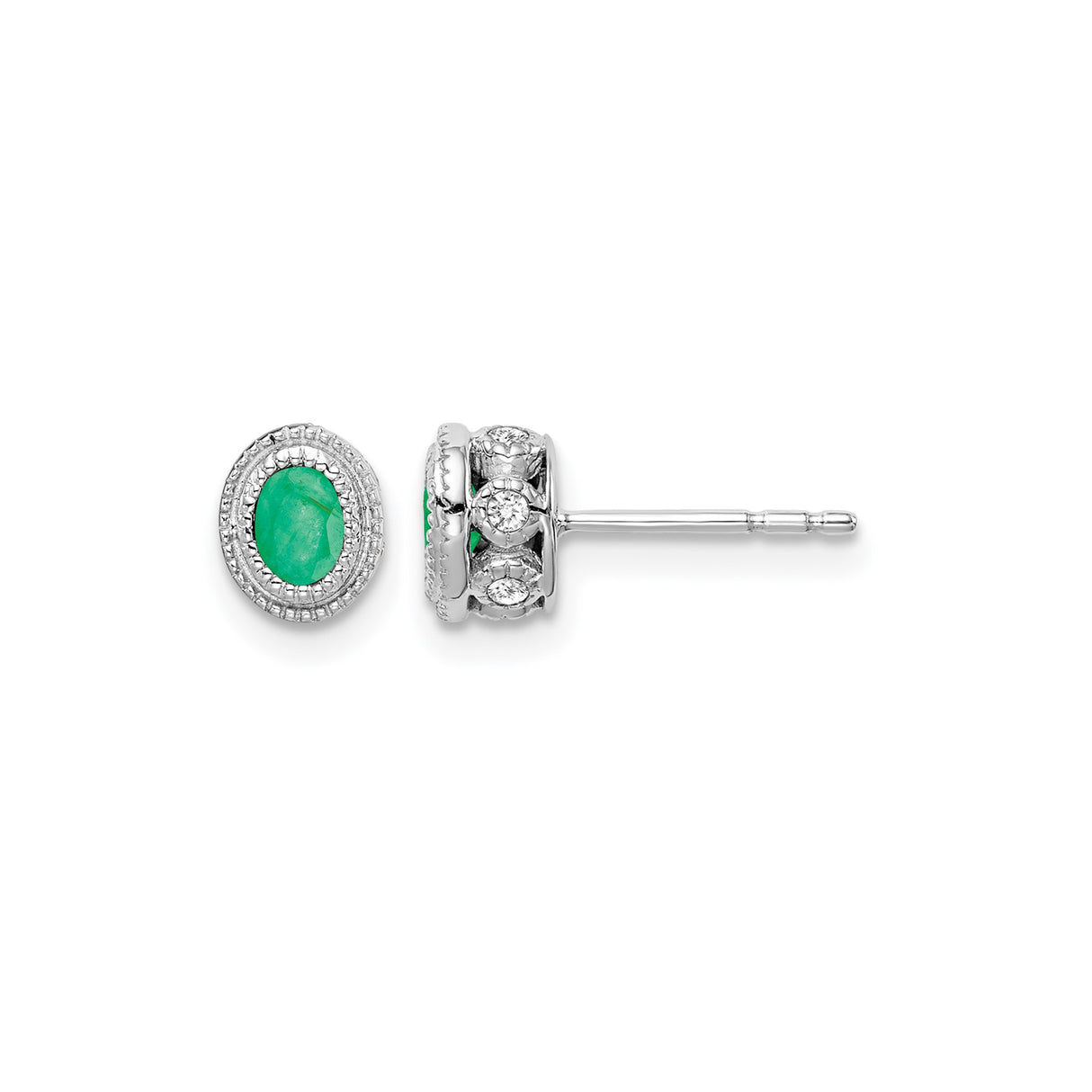 14k White Gold Oval Stud Earrings with Emerald Center and Diamond Halo Accents