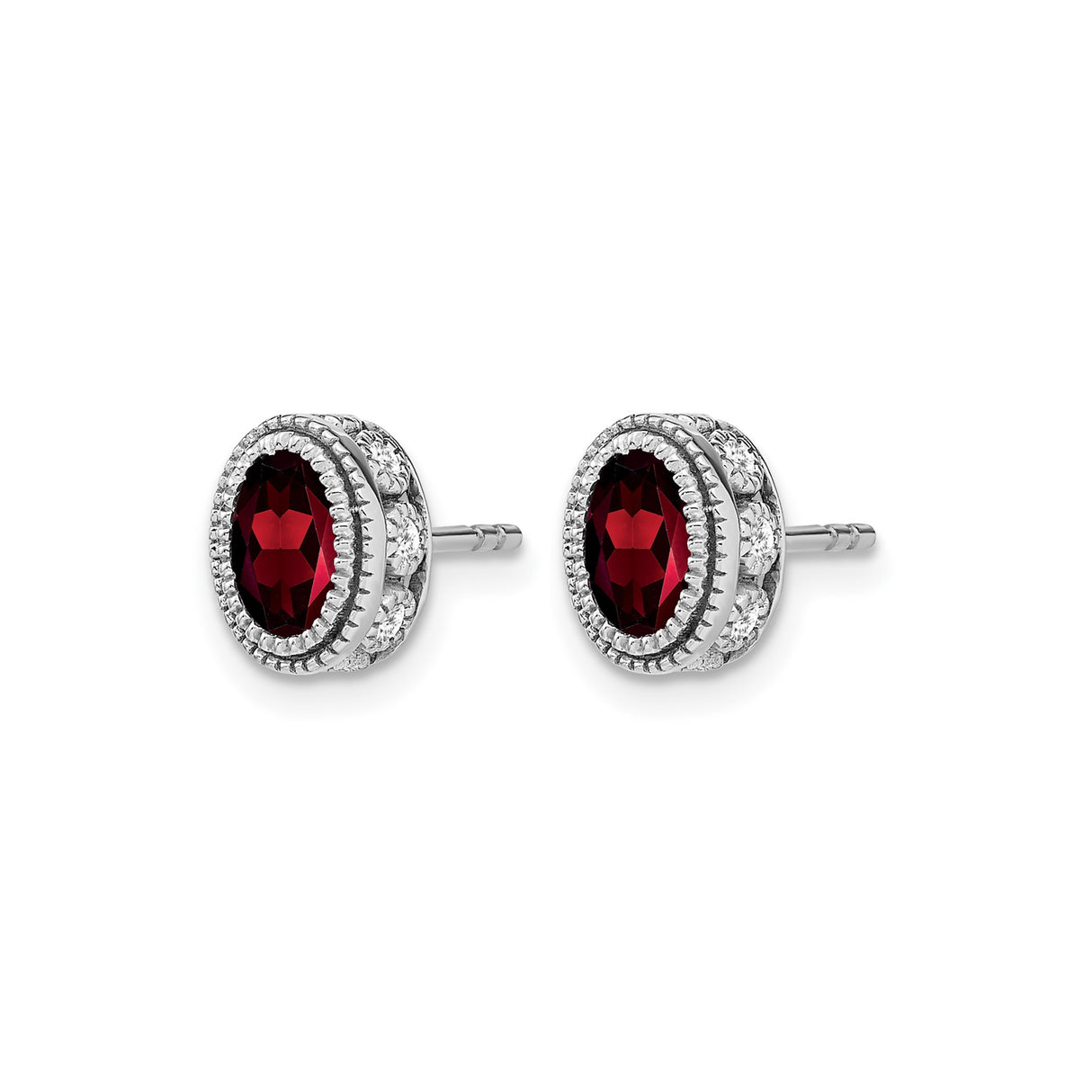 14k White Gold Garnet Stud Earrings with Diamond Accents, Vintage Milgrain Setting