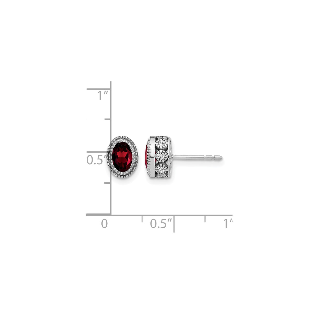 14k White Gold Garnet Stud Earrings with Diamond Accents, Vintage Milgrain Setting