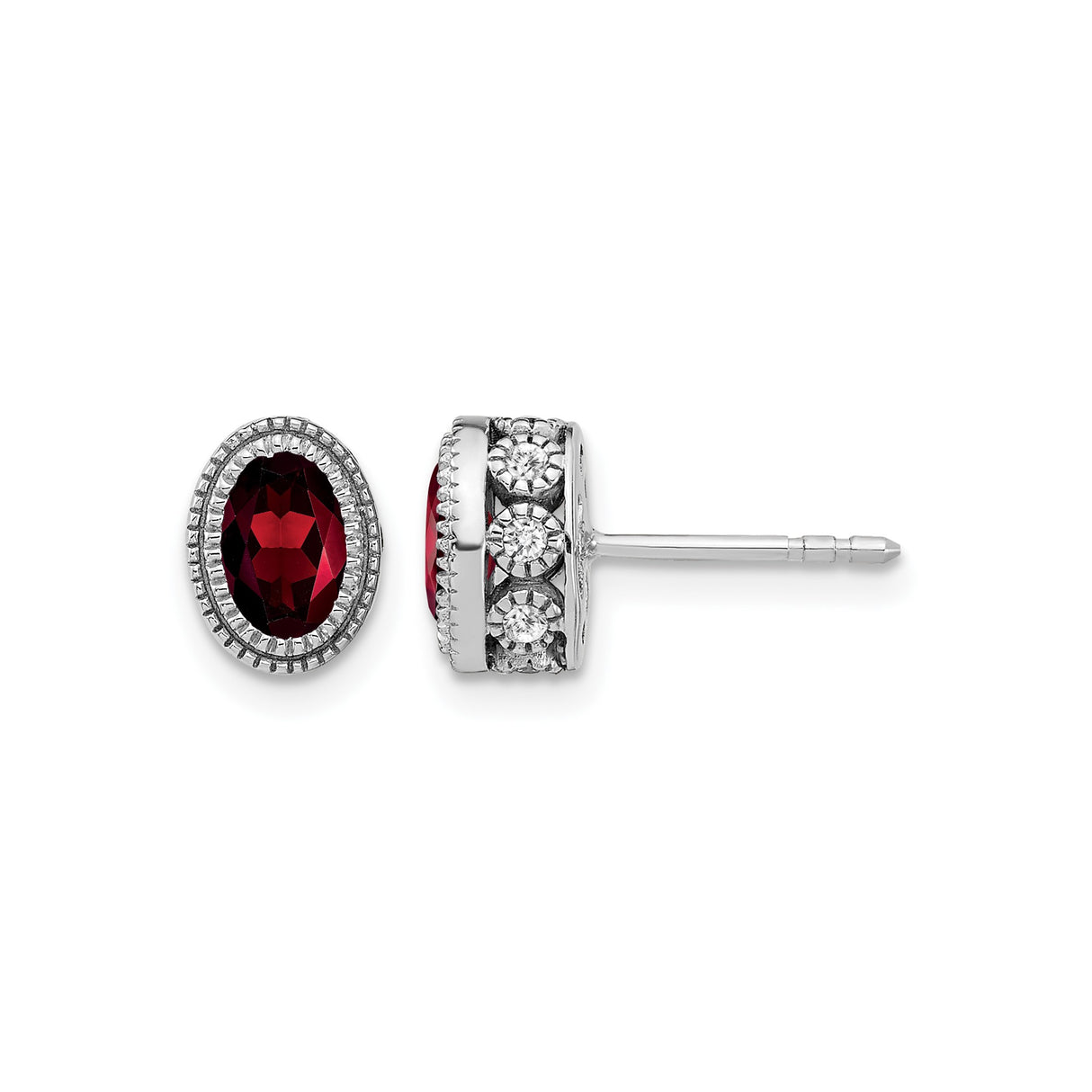 14k White Gold Garnet Stud Earrings with Diamond Accents, Vintage Milgrain Setting