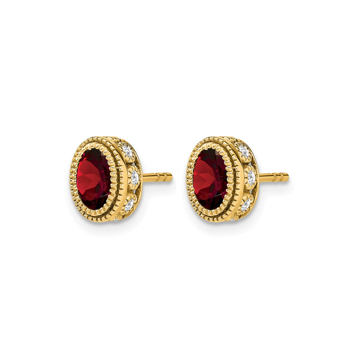 14k Yellow Gold Garnet and Diamond Stud Earrings with Milgrain Detail, Vintage-Inspired