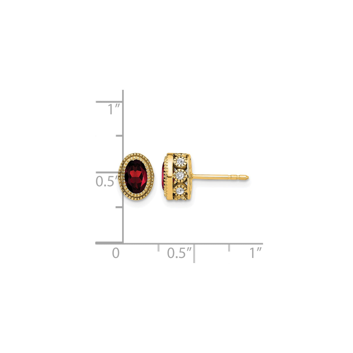 14k Yellow Gold Garnet and Diamond Stud Earrings with Milgrain Detail, Vintage-Inspired