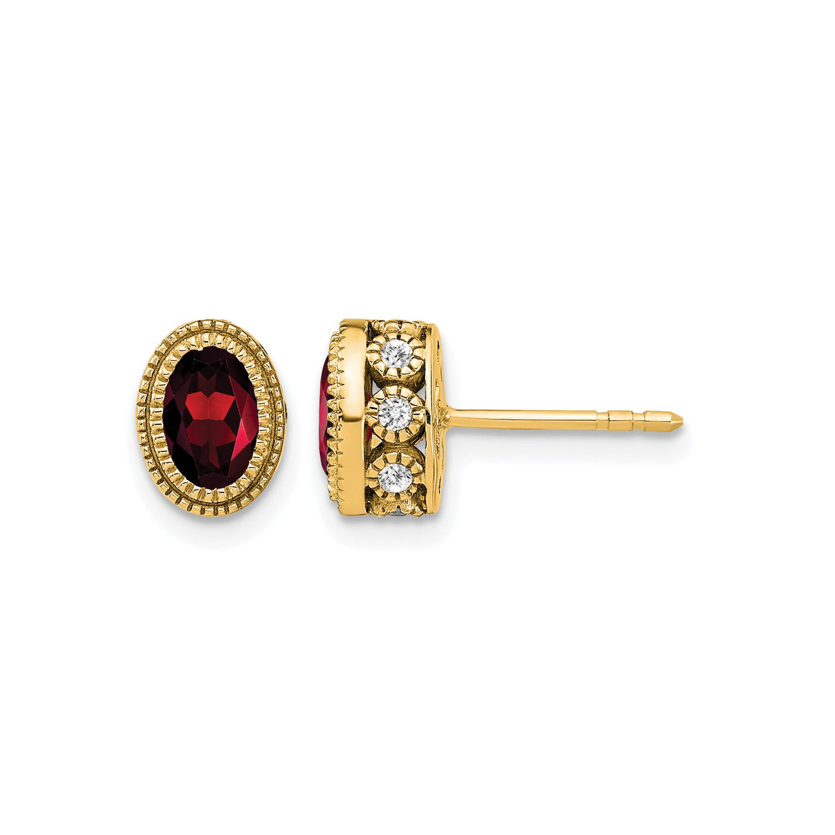 14k Yellow Gold Garnet and Diamond Stud Earrings with Milgrain Detail, Vintage-Inspired